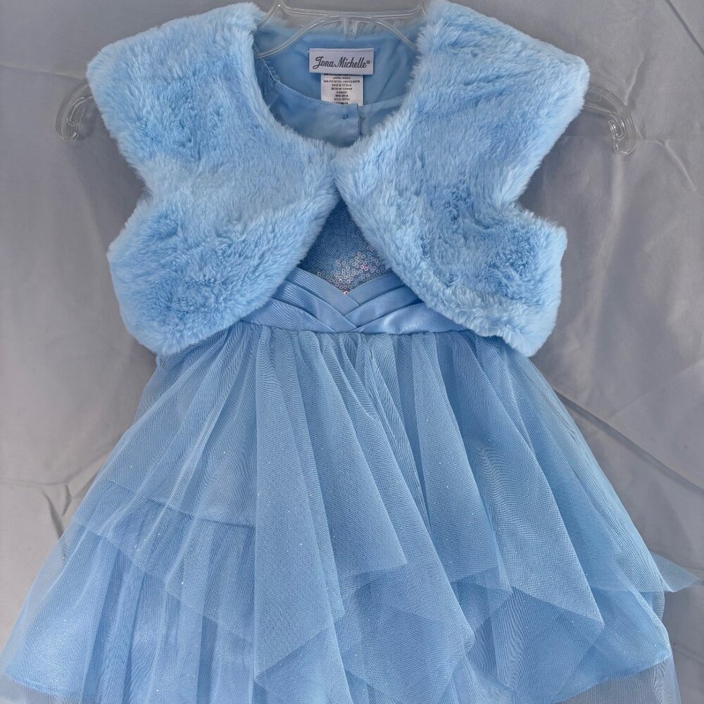 Girls Jona Michelle dress: blue sparkle, tulle & fur shrug, girls 2T - like new